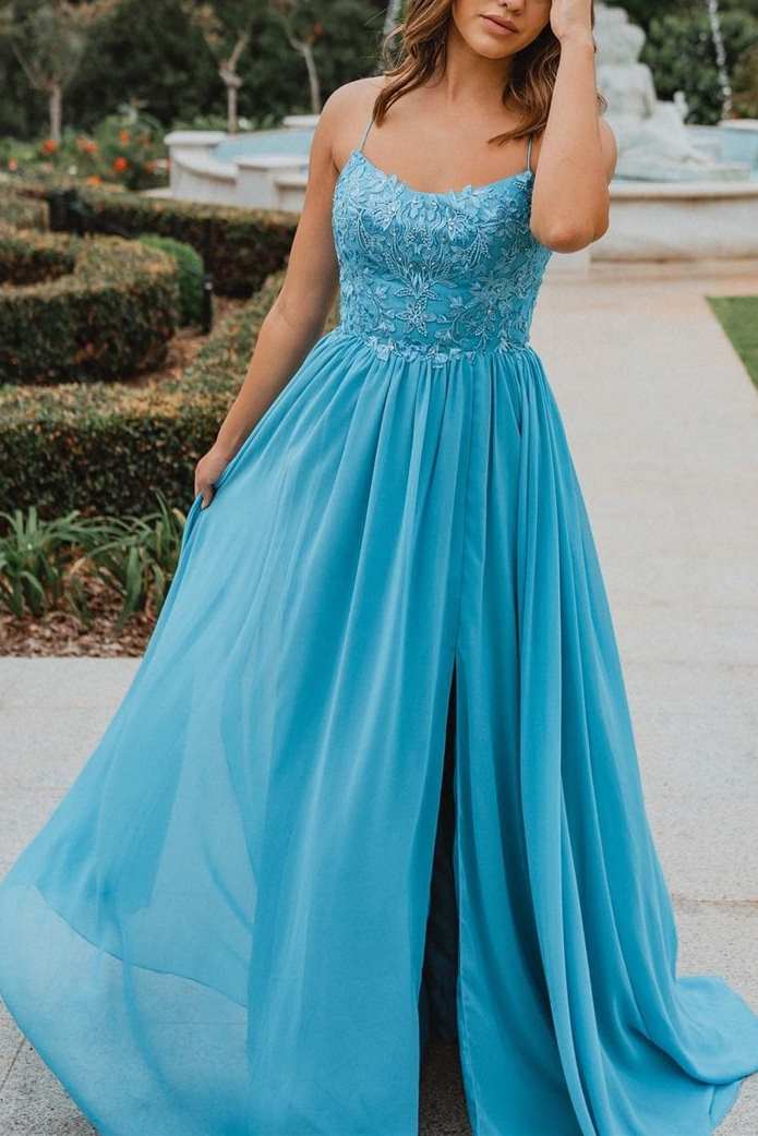 DingJiDress A-line Chiffon Floor-Length Appliques Slit Prom Dresses Gorgeous