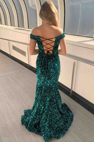 DingJiDress Mermaid Off the Shoulder Sexy Long Velvet Sequin Prom Dress
