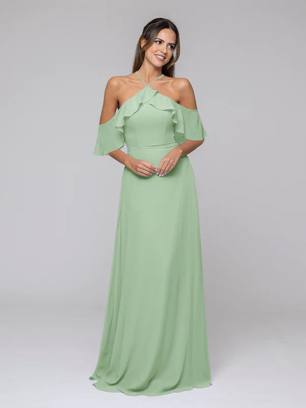 DingJiDress Halter Ruffles Off The Shoulder Chiffon Floor Length Bridesmaid Dresses