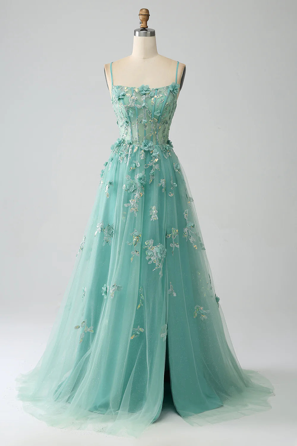 DingJiDress Green A-Line Spaghetti Straps Long Corset Prom Dress with Appliques