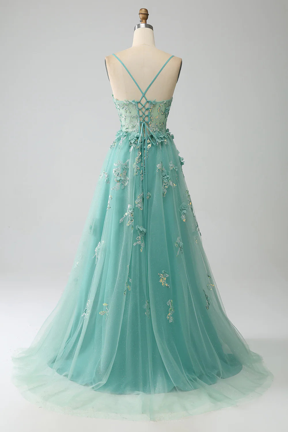 DingJiDress Green A-Line Spaghetti Straps Long Corset Prom Dress with Appliques