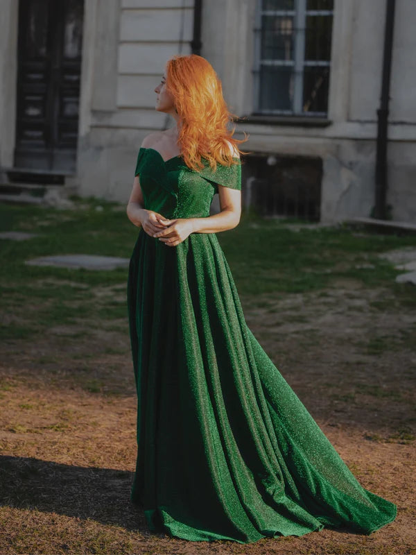 DingJiDress Off The Shoulder Sweetheart Glitter A Line Prom Dresses