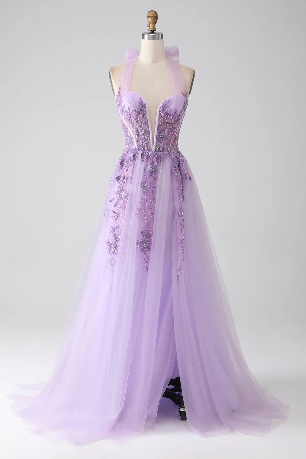 DingJiDress Grey Purple A-Line Halter Neck Beaded Long Prom Dress