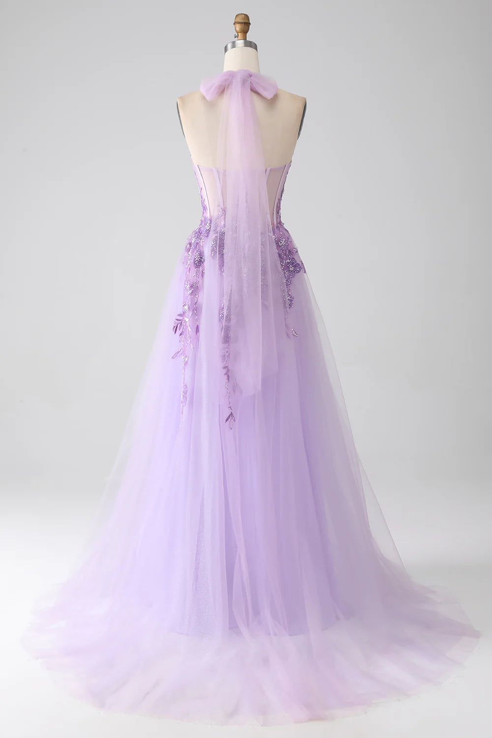 DingJiDress Grey Purple A-Line Halter Neck Beaded Long Prom Dress