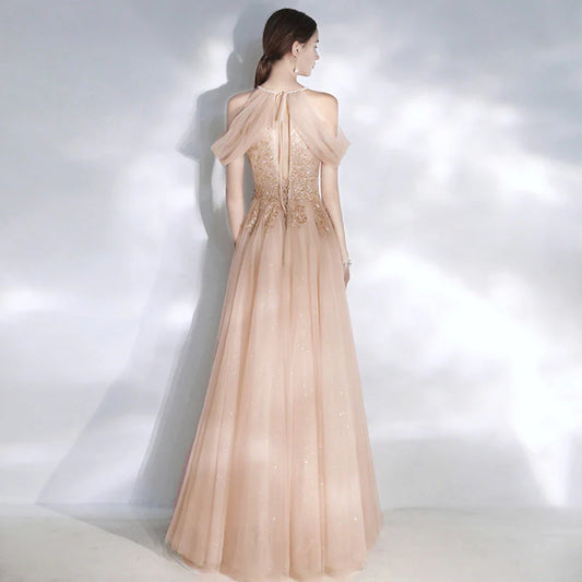 DingJiDress Evening Dresses Halter Bead Bodice A Line Long Tulle Prom Dresses