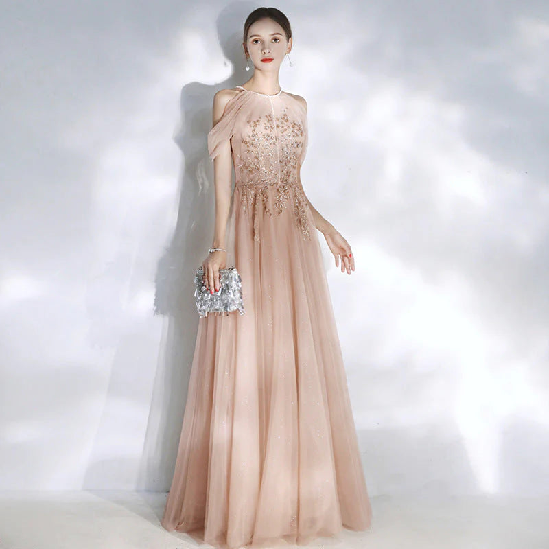DingJiDress Evening Dresses Halter Bead Bodice A Line Long Tulle Prom Dresses