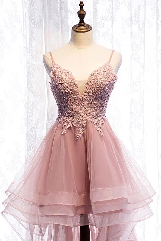 DingJiDress V Neck Prom Dresses High Low Straps Tulle Homecoming Dresses with Appliques