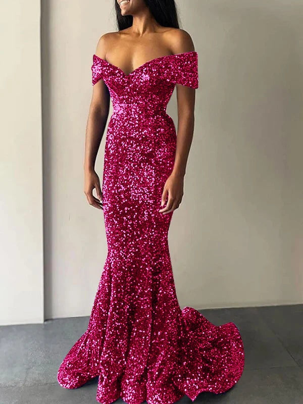 DingJiDress Mermaid Off the Shoulder Sleeveless Sweep Train Velvet Sequin Prom Dress