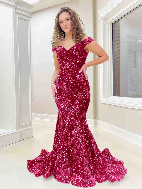 DingJiDress Mermaid Off the Shoulder Sleeveless Long Velvet Sequin Prom Dress