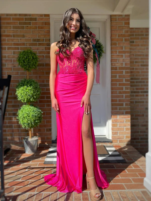 DingJiDress Sweetheart Corset Bodice Fitted Prom Dresses With Slit Prom Dresses