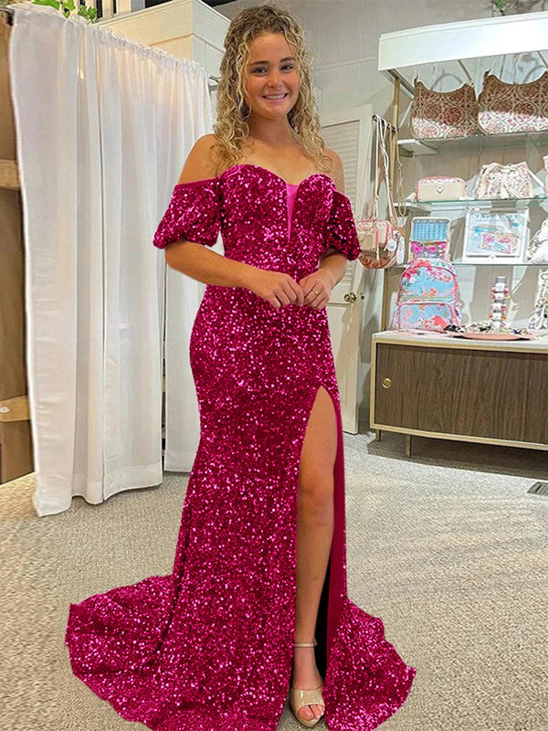 DingJiDress Sheath Off the Shoulder Short Sleeves Long Velvet Sequin Prom Dress