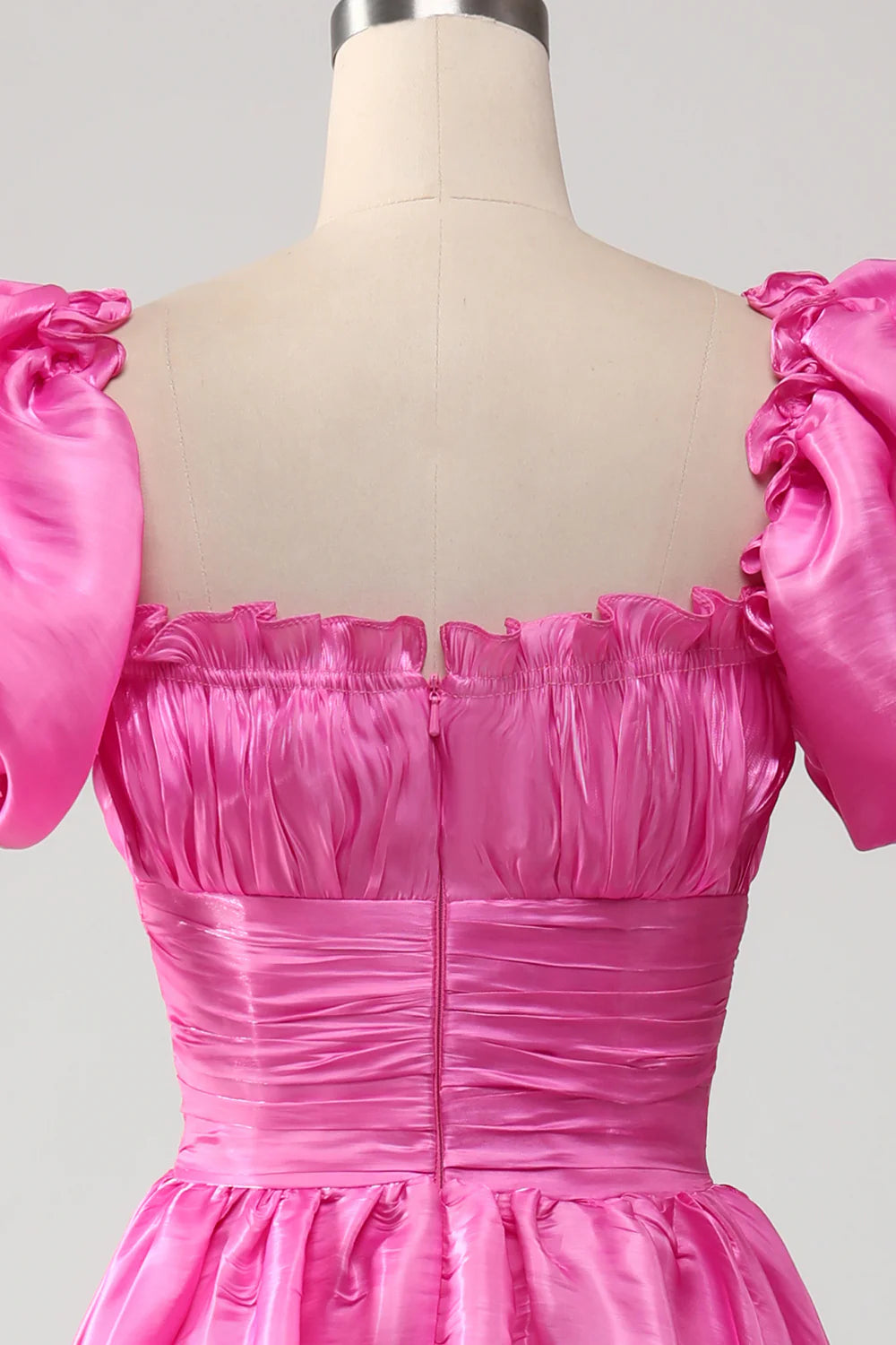 DingJiDress Puff Sleeves Hot Pink Prom Dress with Ruffles