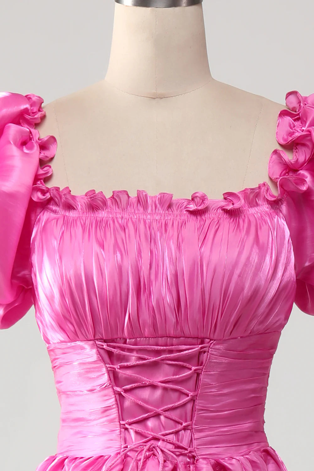 DingJiDress Puff Sleeves Hot Pink Prom Dress with Ruffles