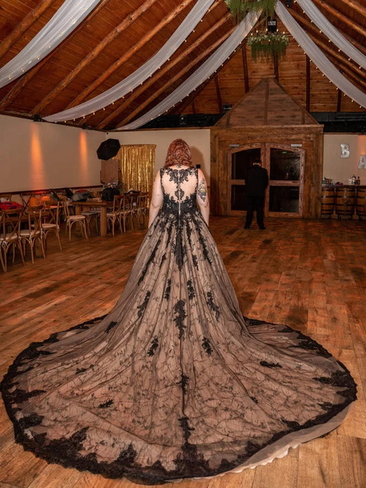 DingJiDress Illusion Scoop Neck Sleeveless Alternative Black Wedding Dresses