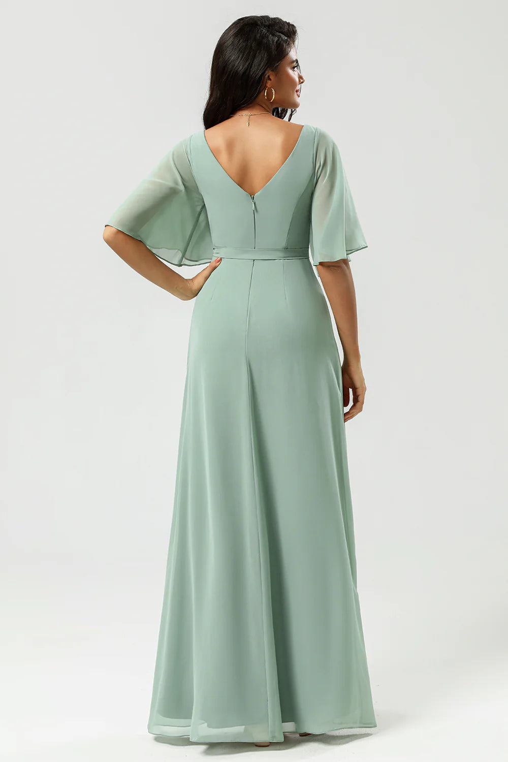 DingJiDress Elegant Prom Dresses A Line V Neck Long Chiffon Matcha Bridesmaid Dress with Slit