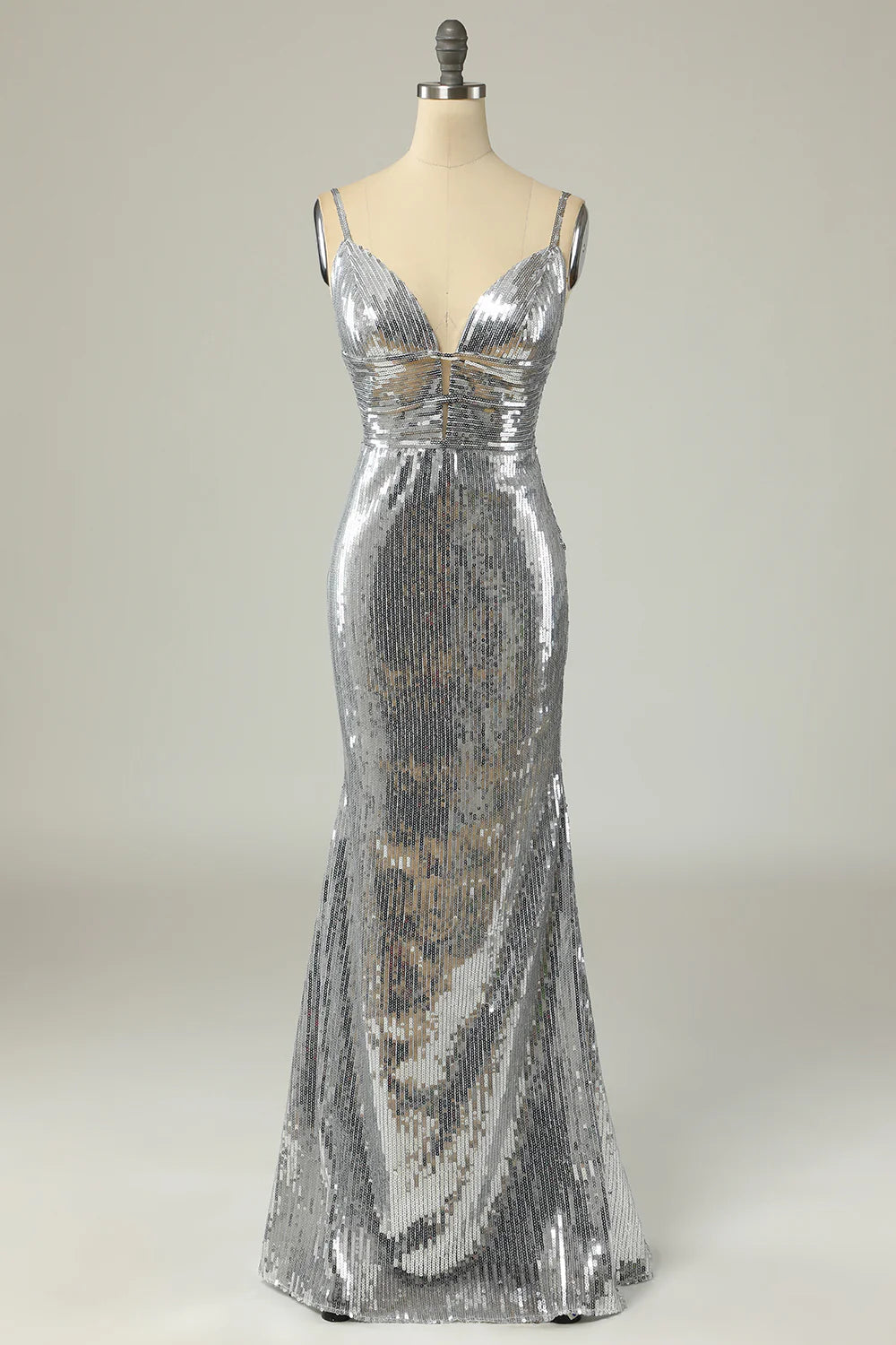 DingJiDress Mermaid Spaghetti Straps Silver Sequins Long Prom Dress Backless