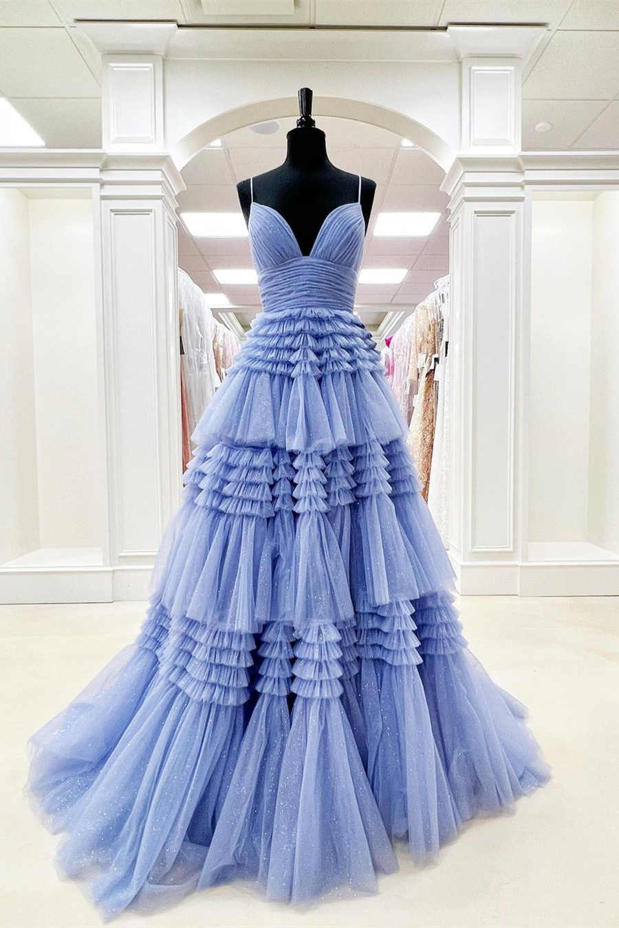 DingJiDress A Line Tulle Layered Deep V Neck Prom Dresses Elegant High Evening Dresses