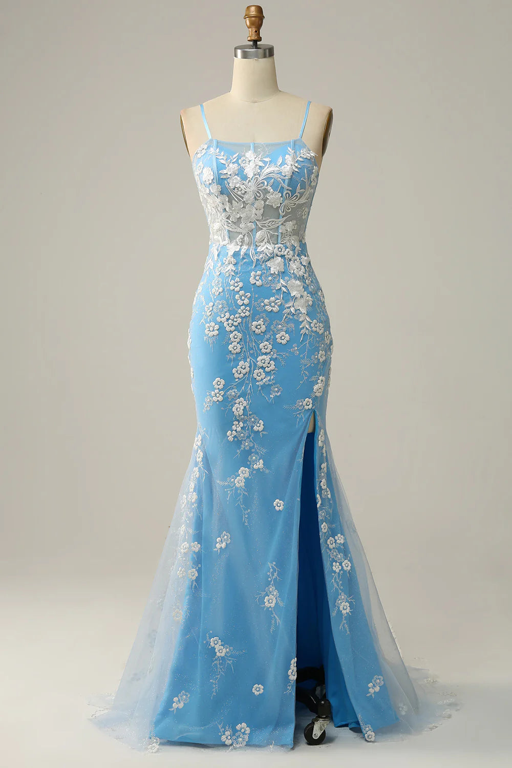 DingJiDress Mermaid Spaghetti Straps Blue Long Prom Dress with Appliques