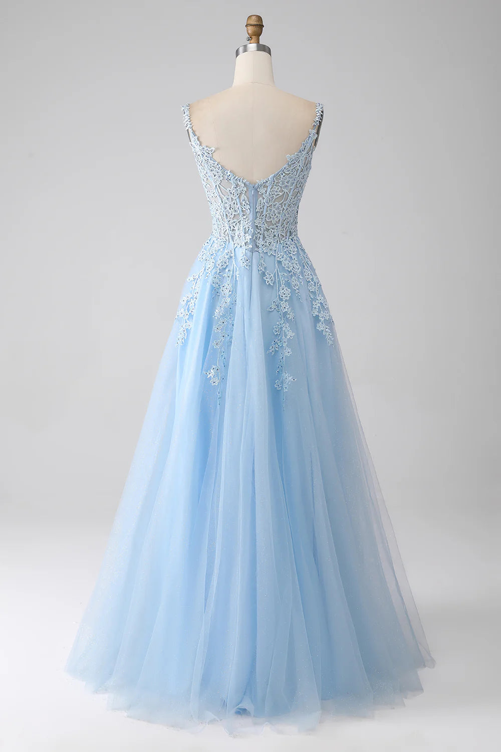 DingJiDress A-Line Light Blue Corset Prom Dress with Appliques