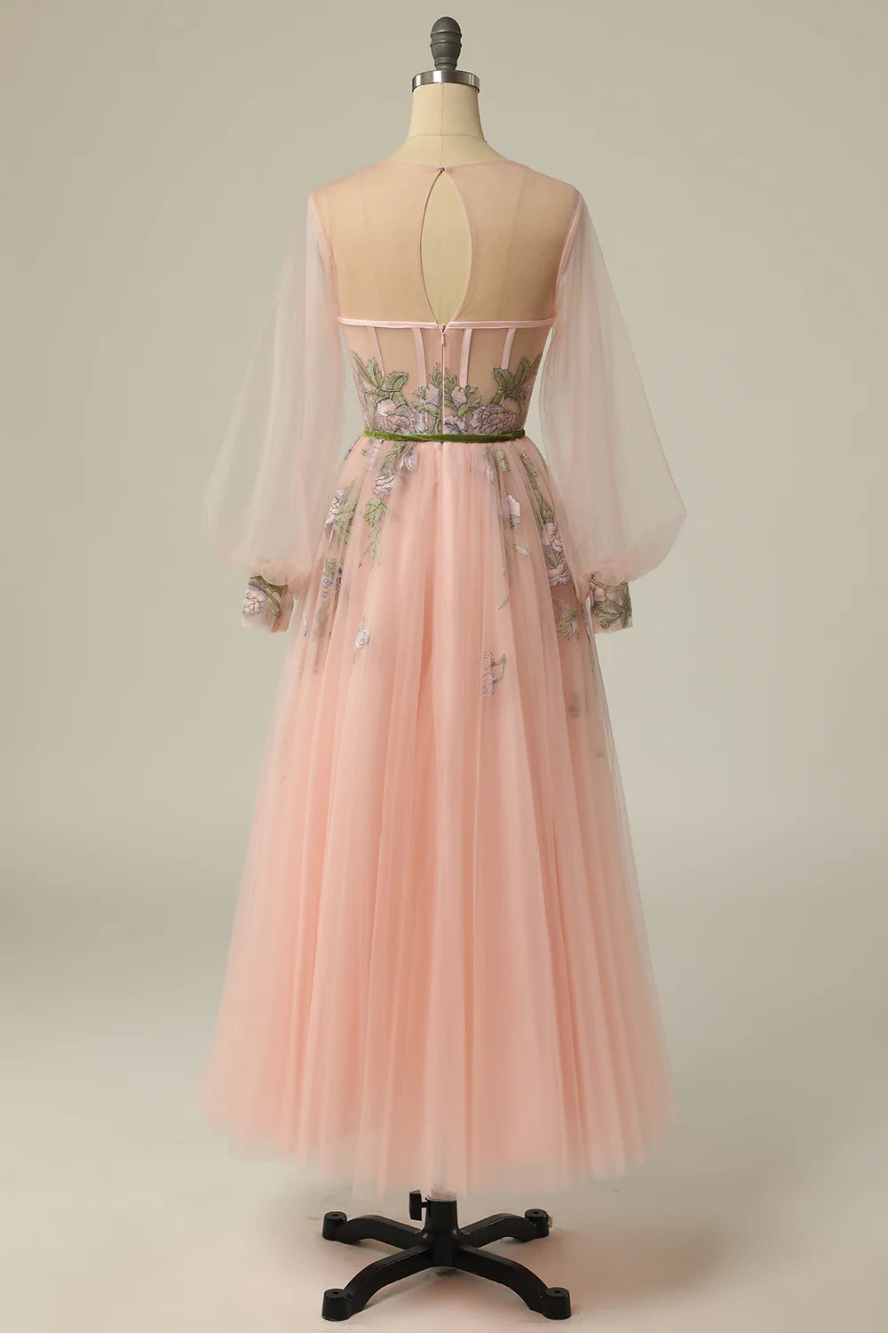 DingJiDress A Line Jewel Light Nude Long Prom Dress with Embroidery