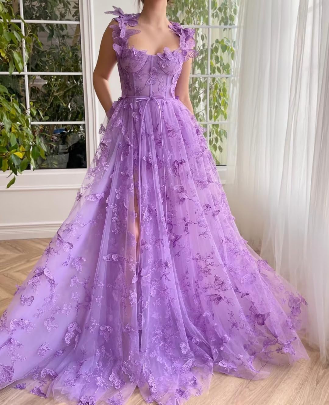 Long Tulle Prom Dress with 3D Butterflies Dress Ball Gown Evening Party Wedding Formal Dress Slit