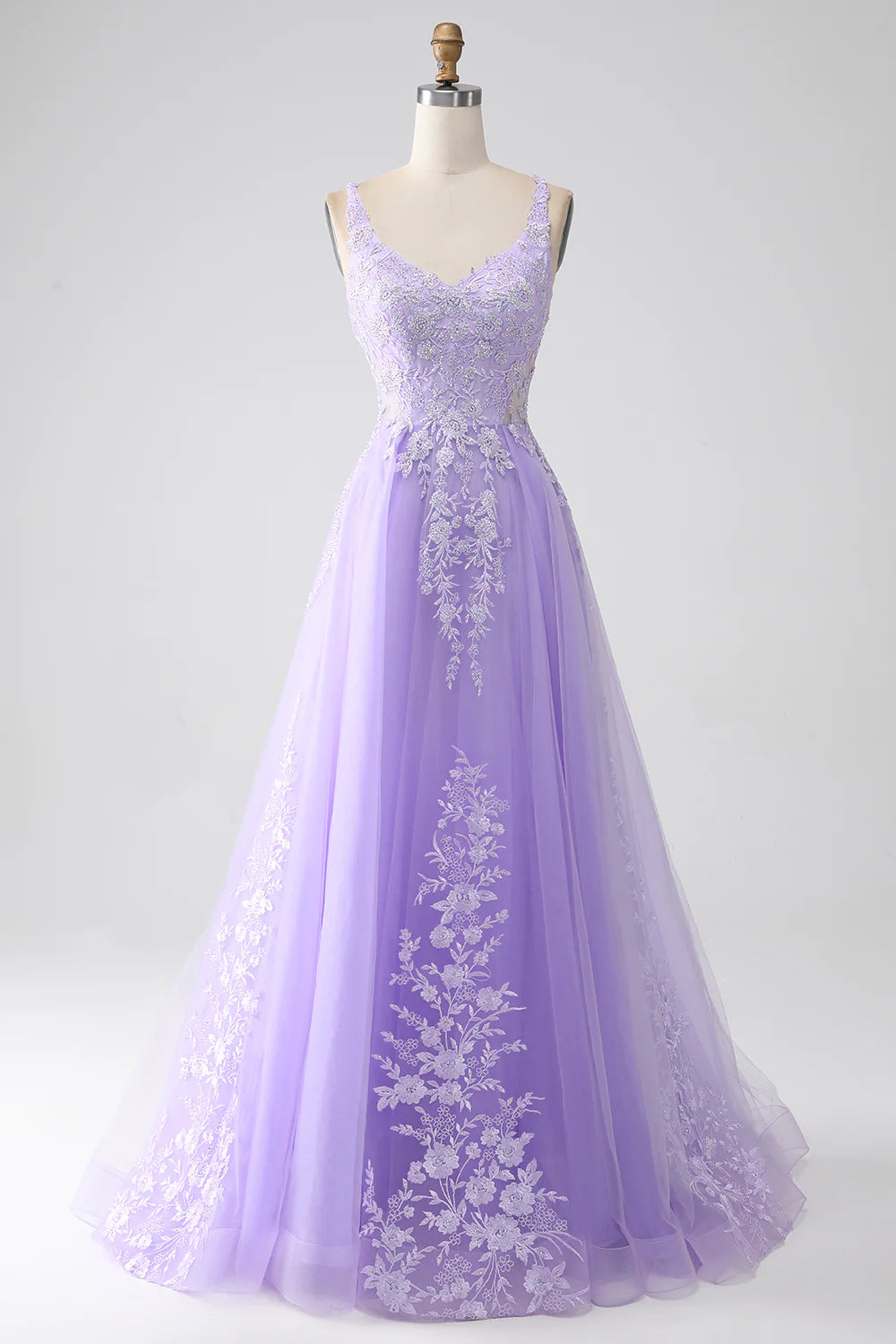 DingJiDress Lilac A-Line Spaghetti Straps Tulle Long Prom Dress with Appliques