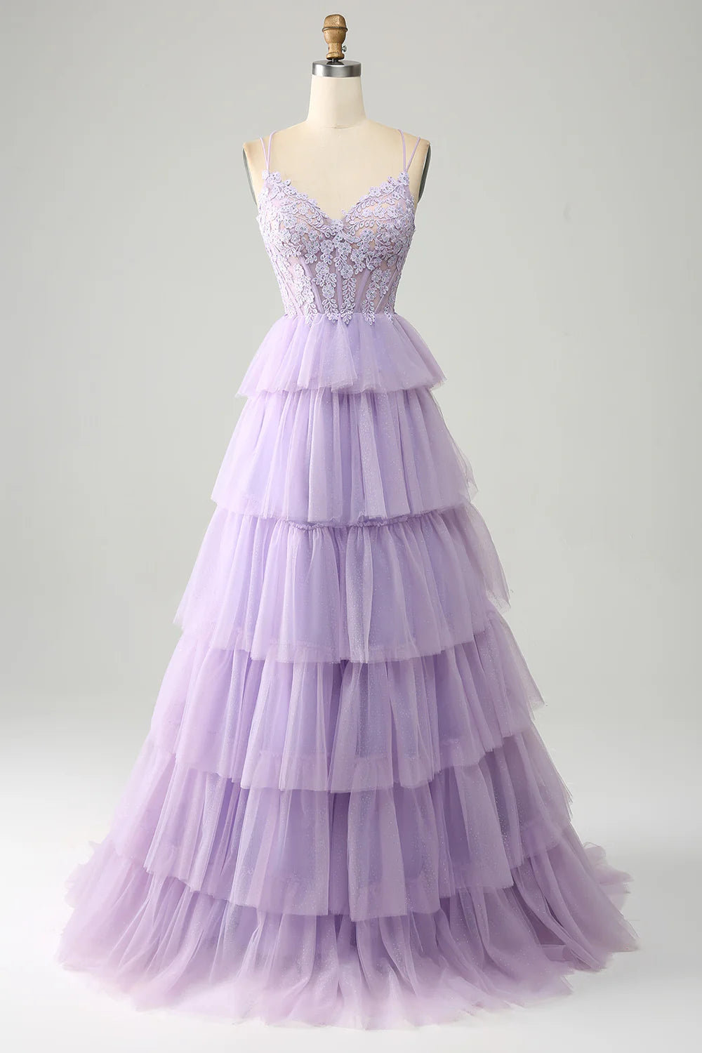 DingJiDress Lilac Tulle Tiered Princess Corset Prom Dress with Appliques