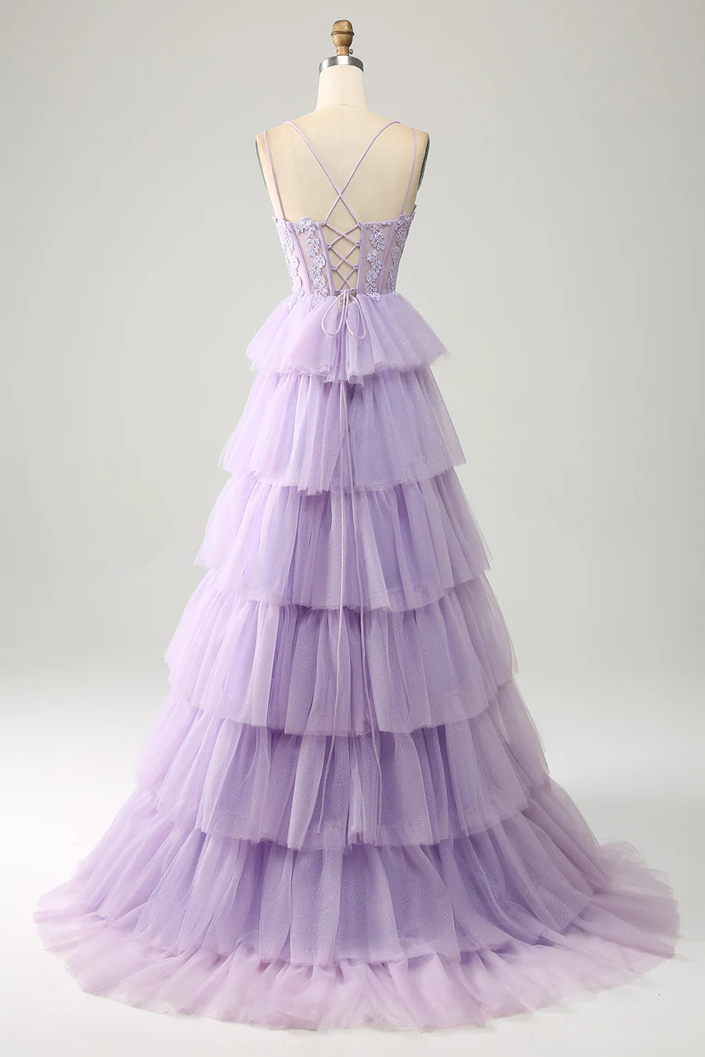 DingJiDress Lilac Tulle Tiered Princess Corset Prom Dress with Appliques