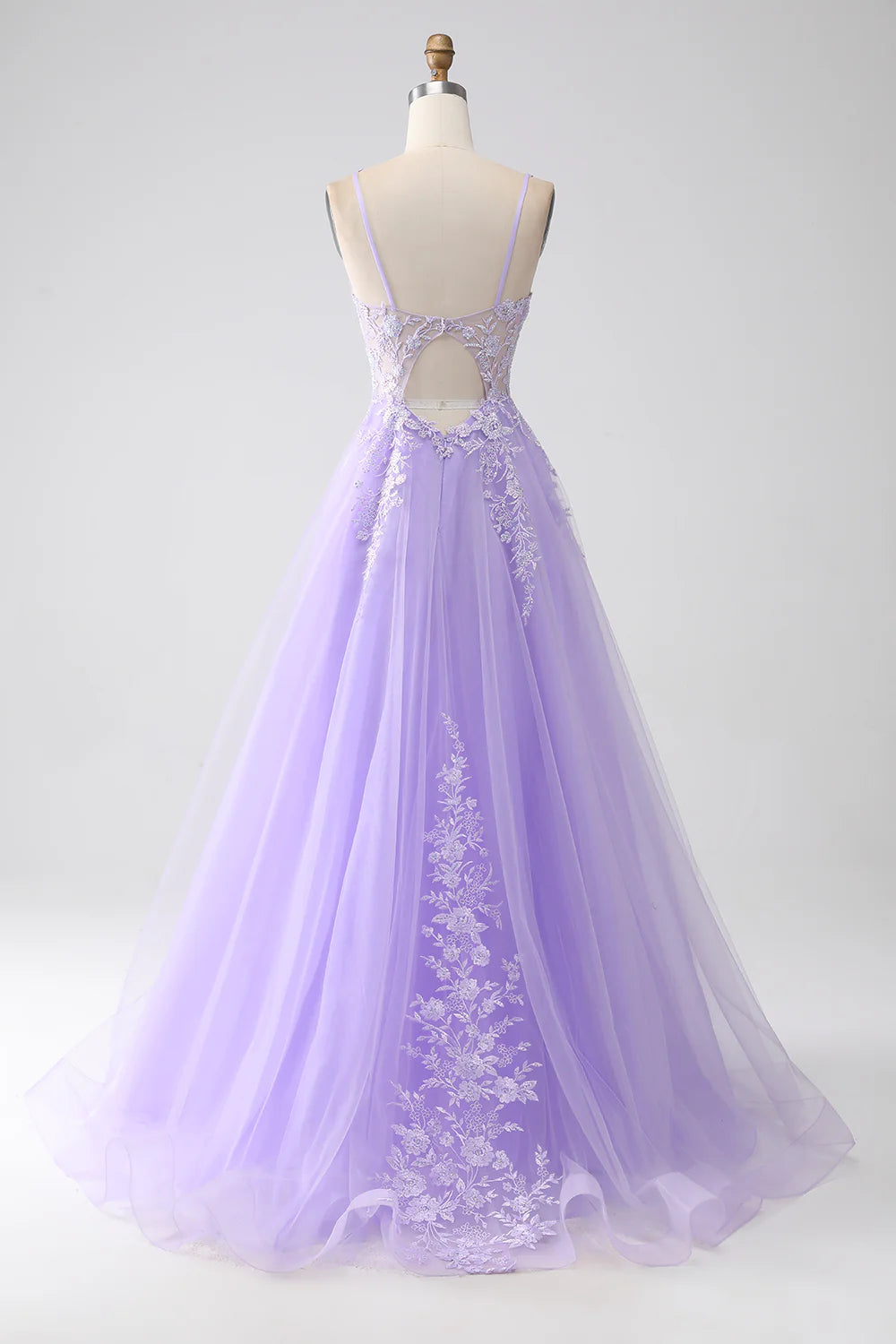 DingJiDress Lilac A-Line Spaghetti Straps Tulle Long Prom Dress with Appliques