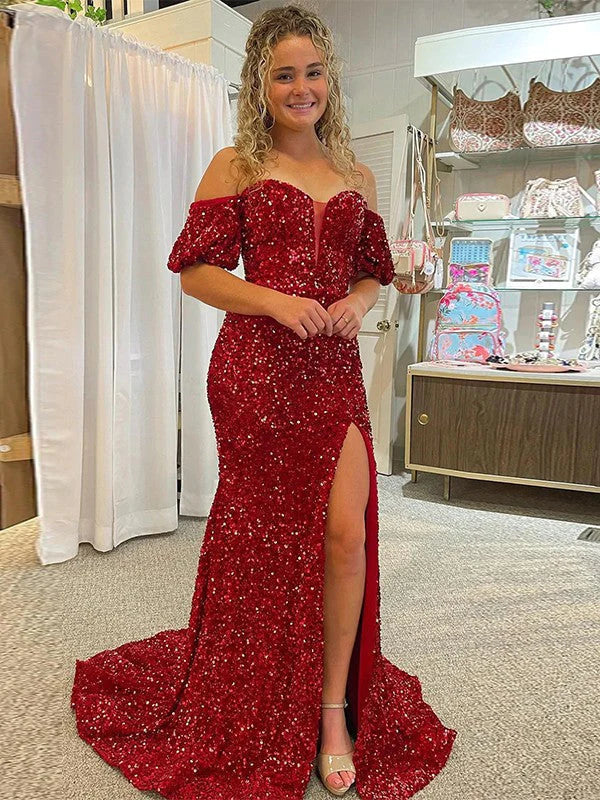 DingJiDress Sheath Off the Shoulder Short Sleeves Long Velvet Sequin Prom Dress