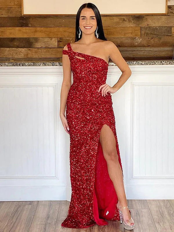 DingJiDress Sheath One Shoulder Sleeveless Long Sweep Train Velvet Sequin Prom Dress