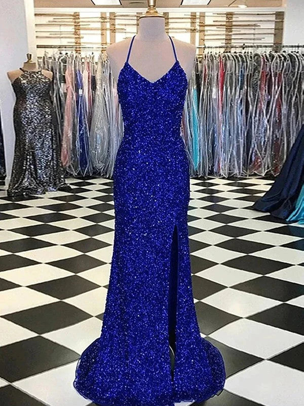 DingJiDress Sheath V-Neck Sleeveless Long Sweep Train Velvet Sequin Prom Dress