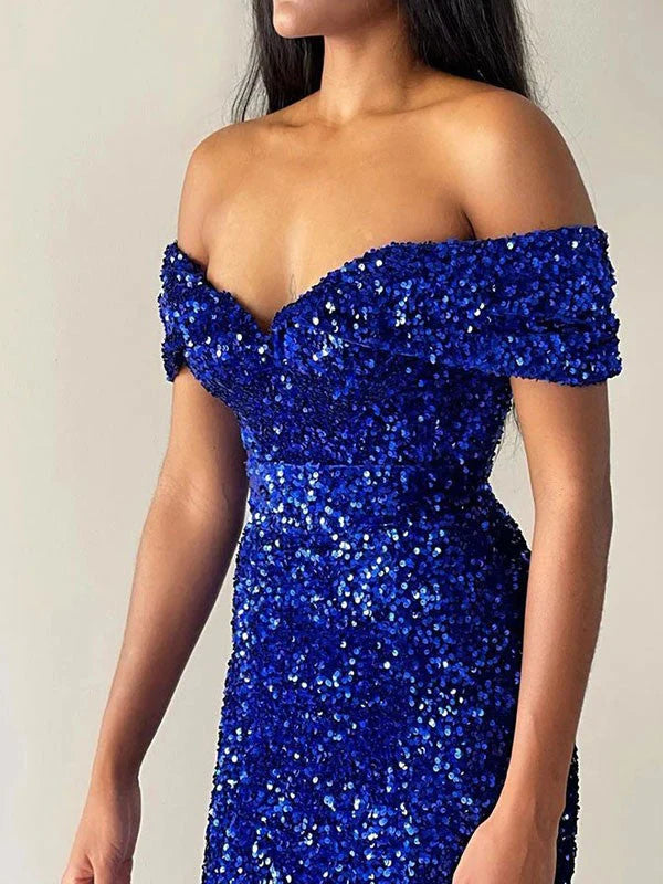 DingJiDress Mermaid Off the Shoulder Sleeveless Sweep Train Velvet Sequin Prom Dress