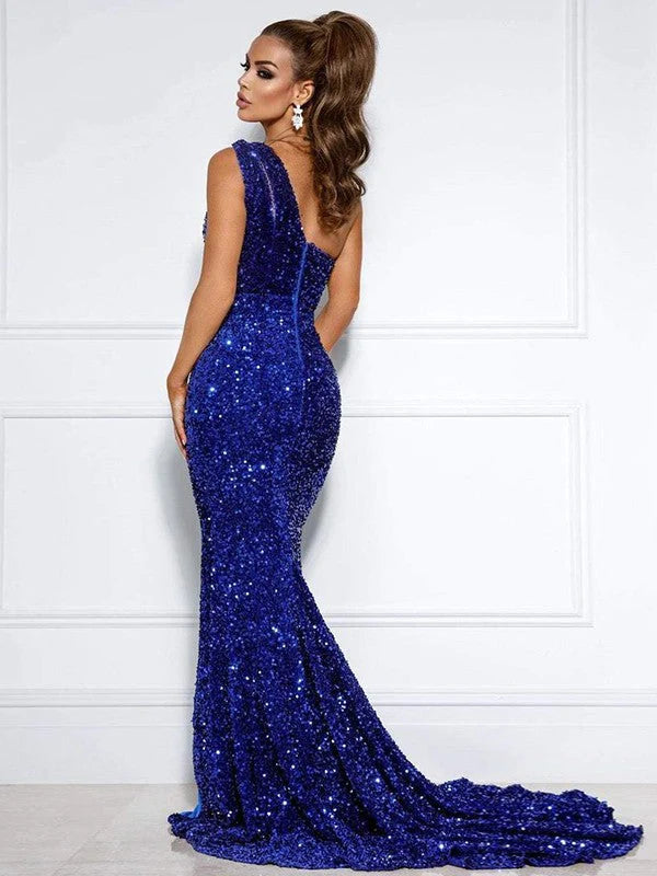 DingJiDress Mermaid One Shoulder Sleeveless Long Court Train Velvet Sequin Prom Dress