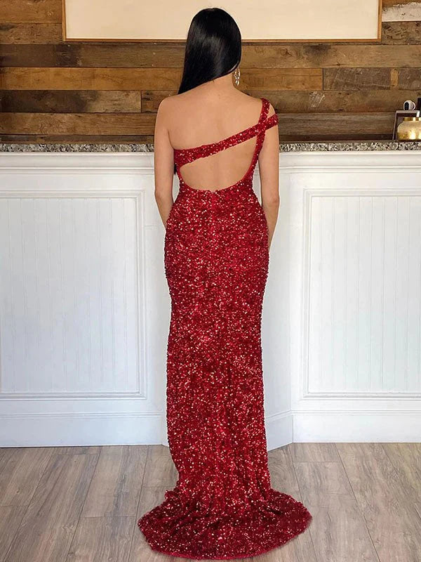 DingJiDress Sheath One Shoulder Sleeveless Long Sweep Train Velvet Sequin Prom Dress