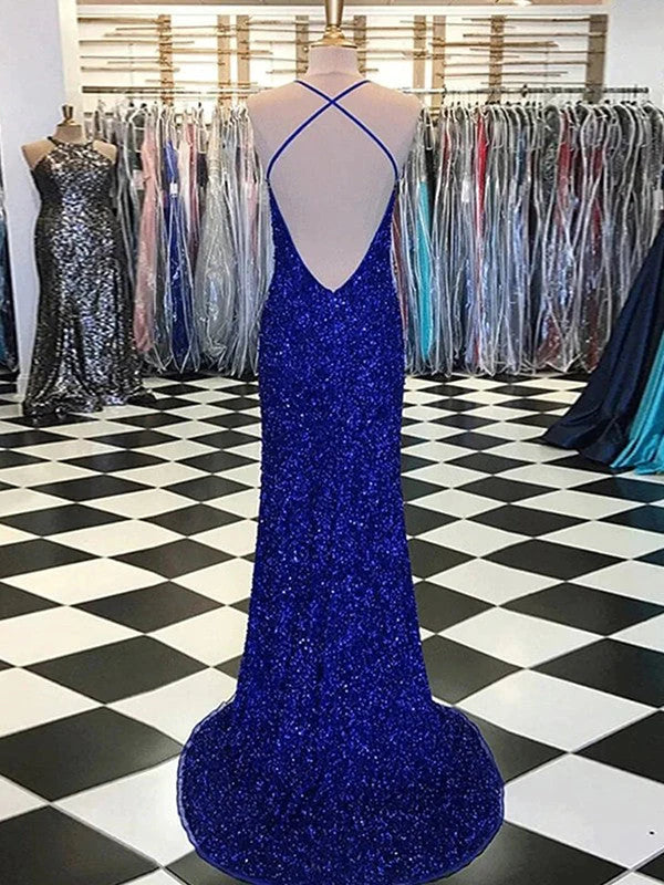 DingJiDress Sheath V-Neck Sleeveless Long Sweep Train Velvet Sequin Prom Dress