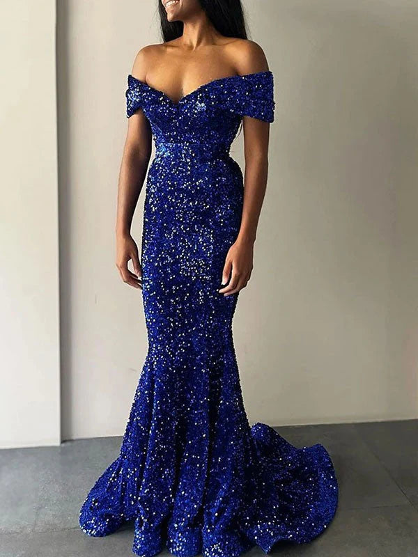 DingJiDress Mermaid Off the Shoulder Sleeveless Sweep Train Velvet Sequin Prom Dress