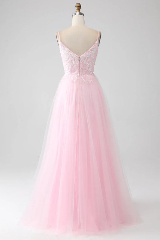 Lovely A-Line Spaghetti Strap Sequins Beaded Tulle Pink Maxi Prom Dress