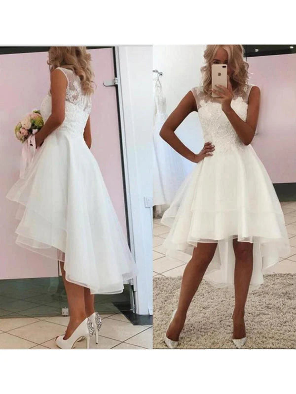 Chic Straps Applique High Low Knee Length Wedding Dresses
