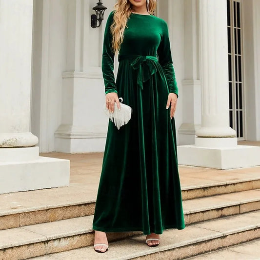 Luxurious A-line Crew Neck Long-sleeve Belted Emerald Green Velvet Maxi Evening Dress for Women Ready to Ship