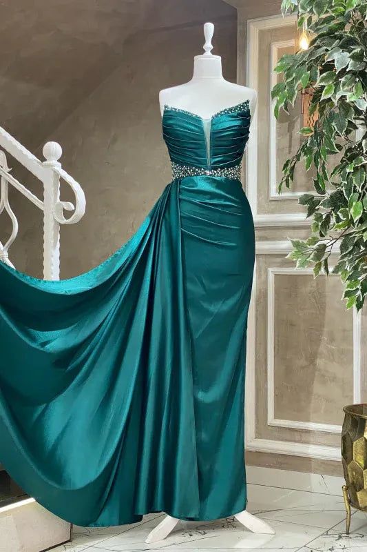 Luxurious Mermaid Sweetheart Sleeveless Beaded Teal Floor-length Prom Dress for Women Ready to Ship