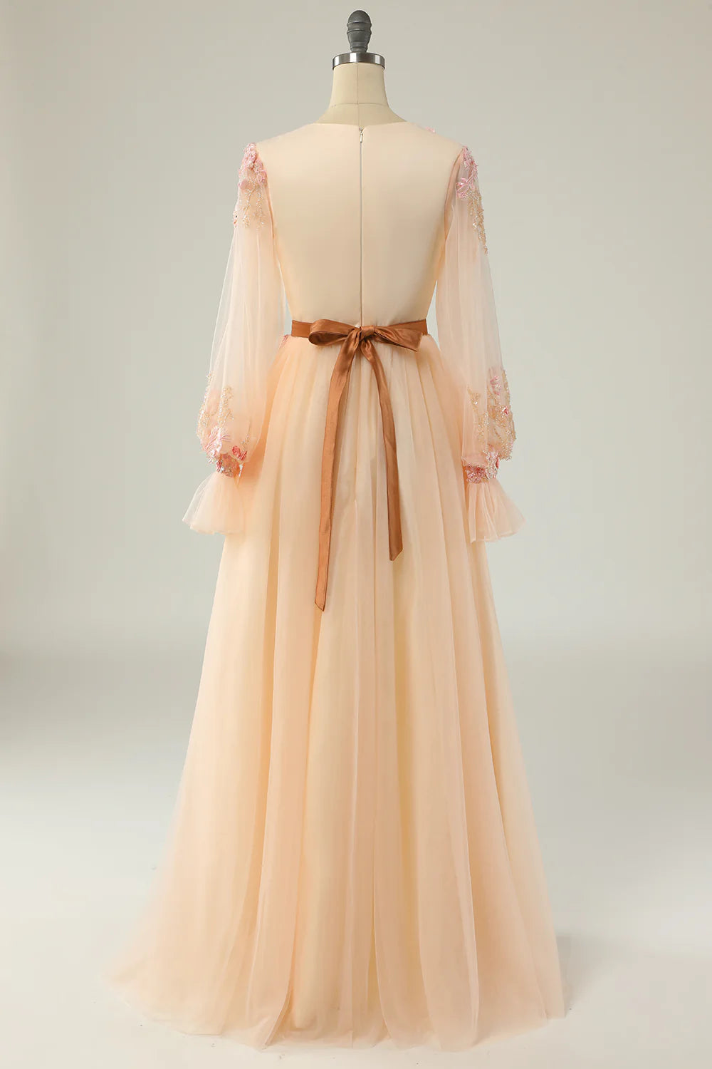DingJiDress Elegant A Line V Neck Apricot Long Prom Dress with Appliques