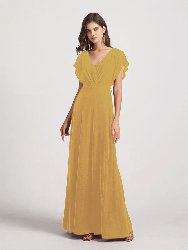 DingJiDress Flutter Sleeve Open Back Velvet Bridesmaid Dresses