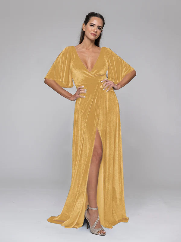 DingJiDress Flutter Sleeve Velvet Wrap Maxi Dress Bridesmaid Dresses