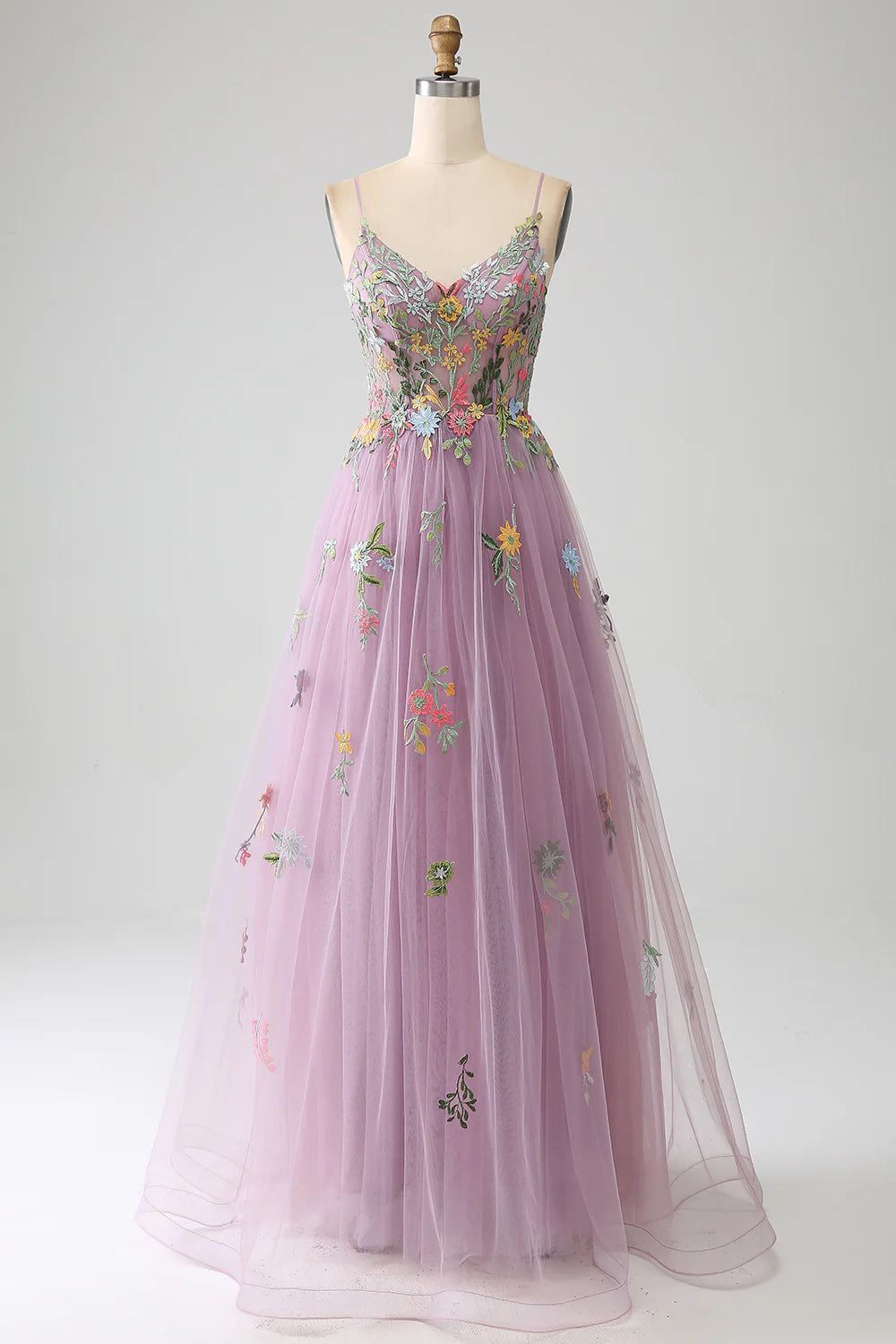 DingJiDress Mauve A-Line Spaghetti Straps Tulle Long Prom Dress With Embroidery