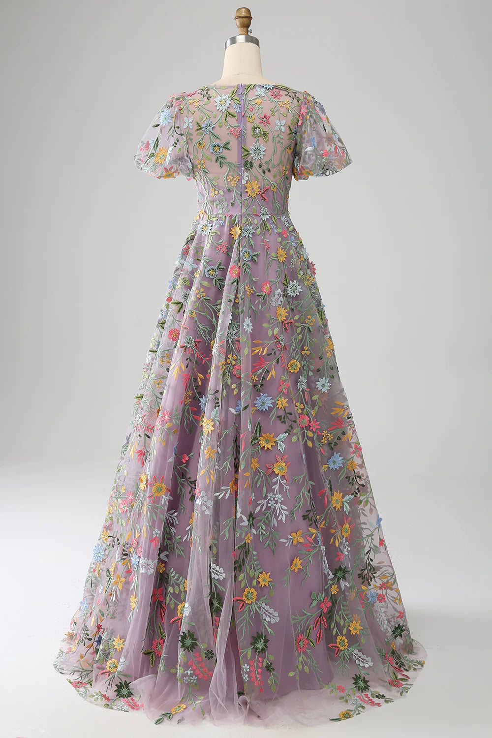 DingJiDress Mauve Ball-Gown/Princess Embroidered Prom Dress with Short Sleeves