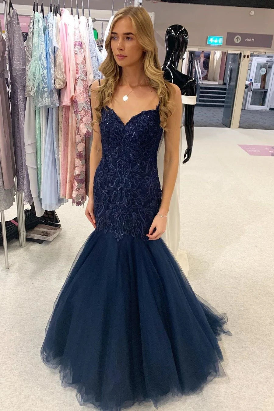 DingJiDress Prom Dress Mermaid Long Dark Navy Lace Applique Evening Dress With Beads