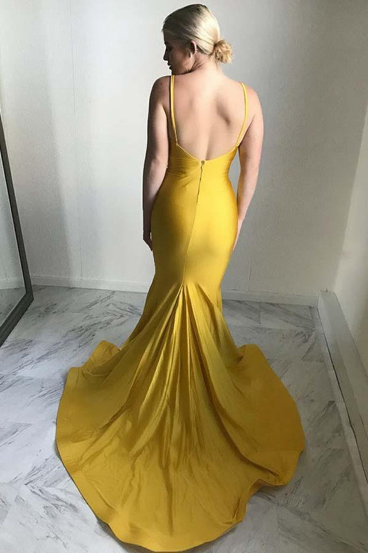 DingJiDress Mermaid Prom Dresses Spaghetti Straps Satin Train