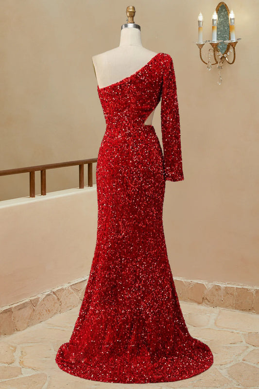 DingJiDress Prom Dress Mermaid Cut Out Red One Shoulder Sequin With Front Split