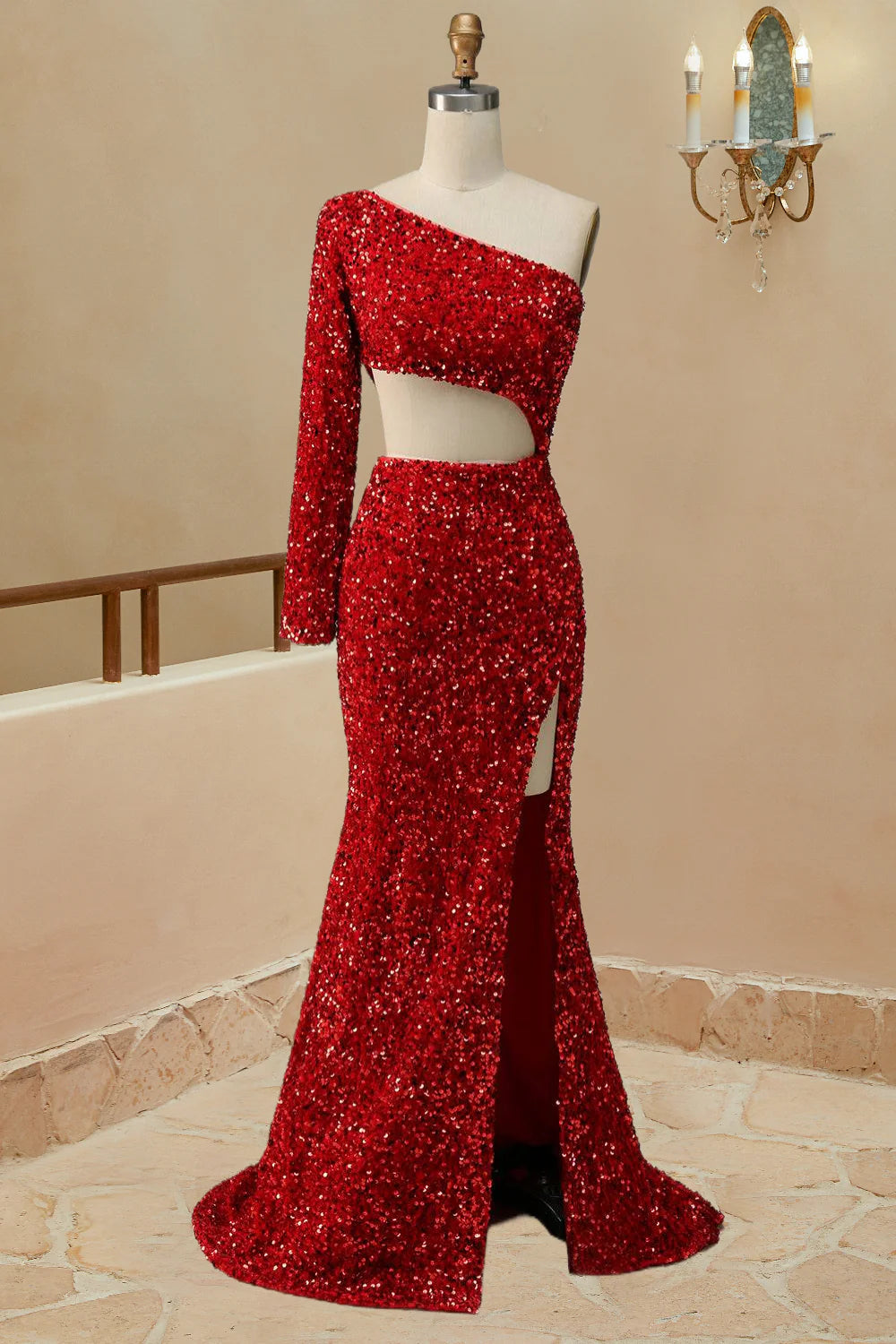 DingJiDress Prom Dress Mermaid Cut Out Red One Shoulder Sequin With Front Split